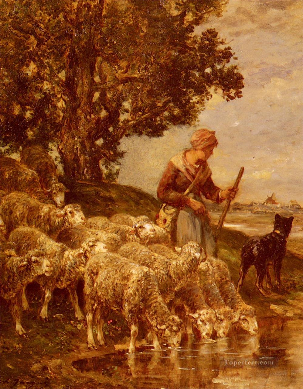 A Shepardess Watering Her Flock animalier Charles Emile Jacque Oil Paintings